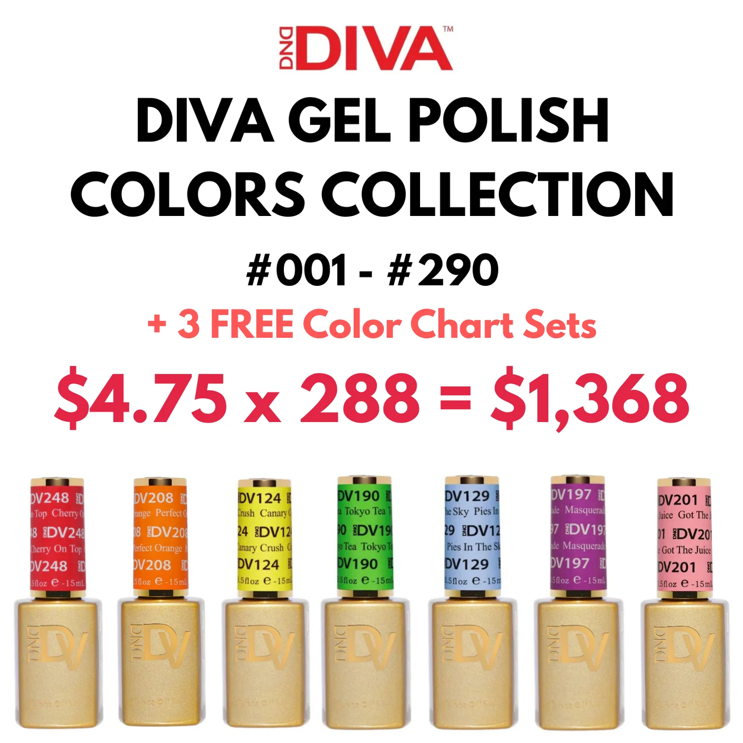 DIVA Gel Polish Colors ONLY Bundle (288 Colors | #001-290) + 3 FREE Color Chart Sets