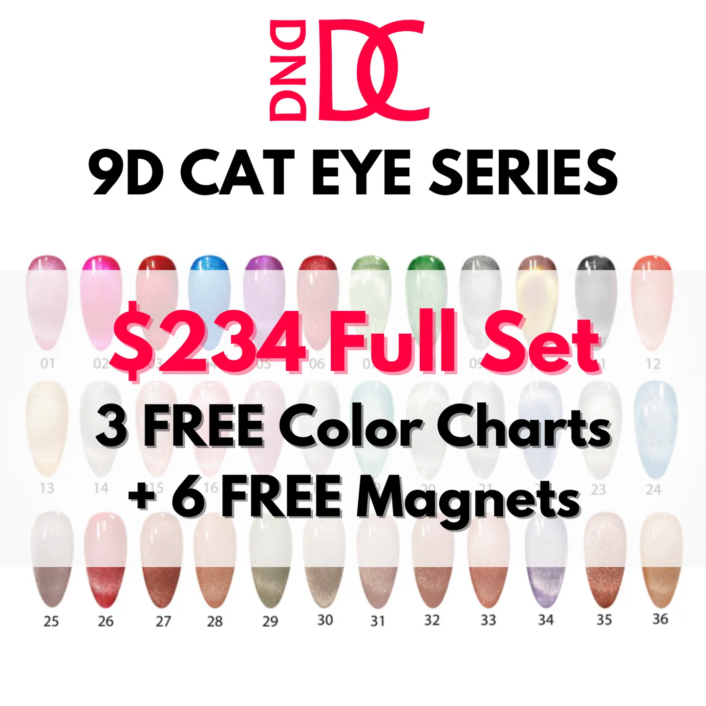 DC 9D Cat Eye Collection Set + 3 FREE Color charts & 6 FREE Magnets (36 Colors)
