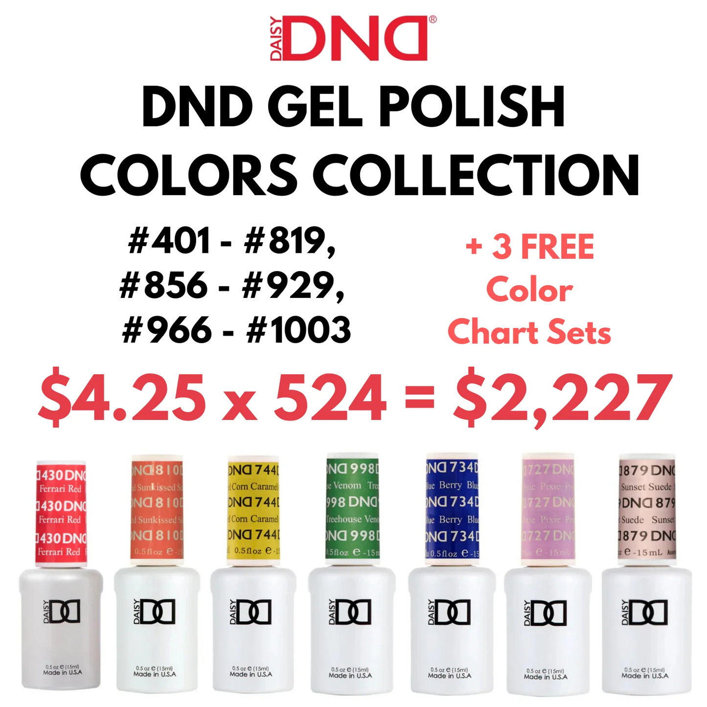 DND Gel Polish Colors ONLY Bundle (524 Colors | #401-819, #856-929, #966-1003) + 3 FREE Color Chart Sets - (#865 & #871 OUT OF STOCK)