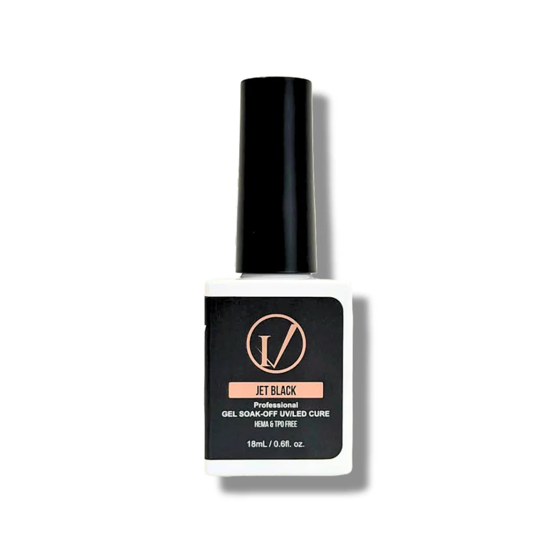 A bottle of IVANCA Jet Black gel soak-off UV/LED cure nail polish 0.6 oz. HEMA & TPO FREE.