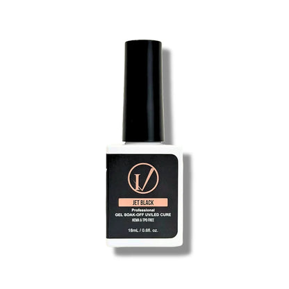 A bottle of IVANCA Jet Black gel soak-off UV/LED cure nail polish 0.6 oz. HEMA & TPO FREE.